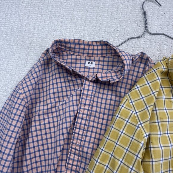 Lot x2 Uniqlo Long sleeve Shirt Mens M Check Plaid Button Up Pink / Yellow - Picture 4 of 12